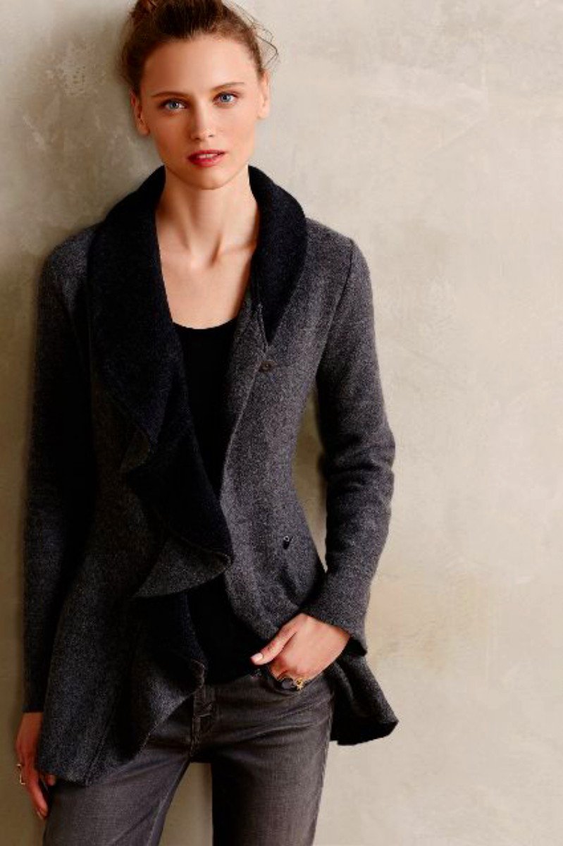 Anthropologie Ruffled Wool Sweatercoat Medium 6 8 Dark Grey & Black ...