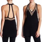 $118 Free People Bare Back Knit Top Medium 6 8 Black w Gold Trim Stretch Tunic $118 Free People Bare Back Knit Top Medium 6 8 Black w Gold Trim Stretch Tunic