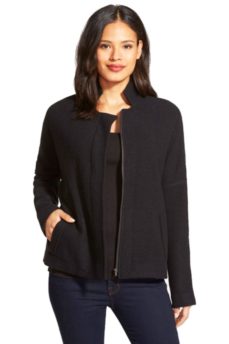$338 Eileen Fisher Stand Collar Boiled Merino Wool Jacket Large 14 16 Black