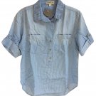 Anthropologie Conductor Button Neck Top Small 2 4 Blue Distressed Pin Stripes