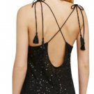 Free People Seeking Sequins Slip Dress XSmall 0 2 Black Cross Back Tasseled Ties
