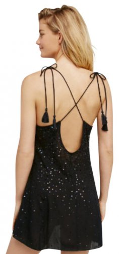 Free People Seeking Sequins Slip Dress XSmall 0 2 Black Cross Back Tasseled Ties