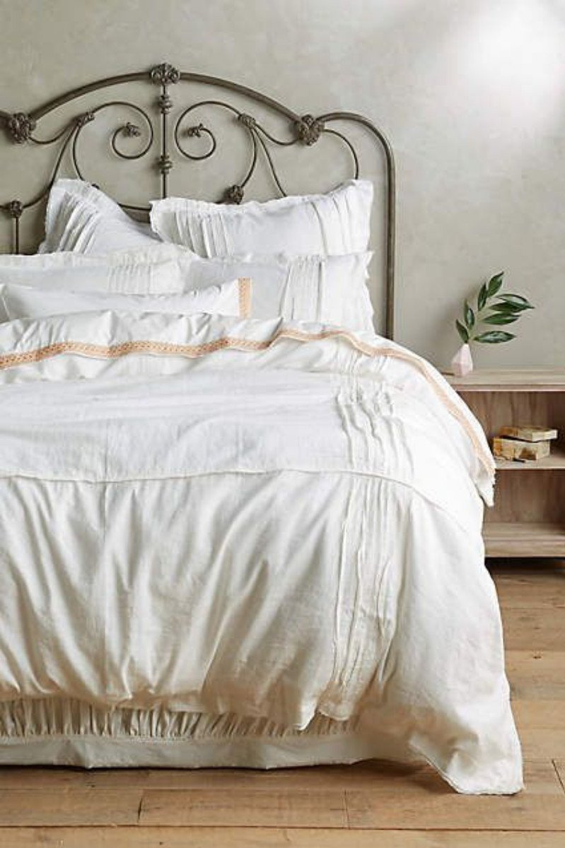 Anthropologie Daloni King Duvet White Pleated Linen Cotton Blend