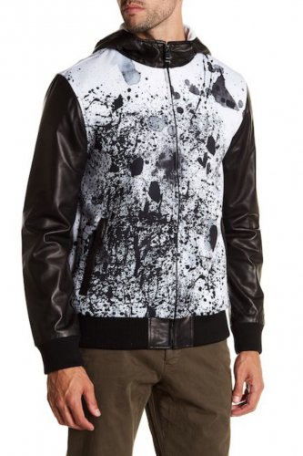 Daniel Won Wyatt Hooded Leather Sleeve Jacket $795 Large Black + White Scuba NWT