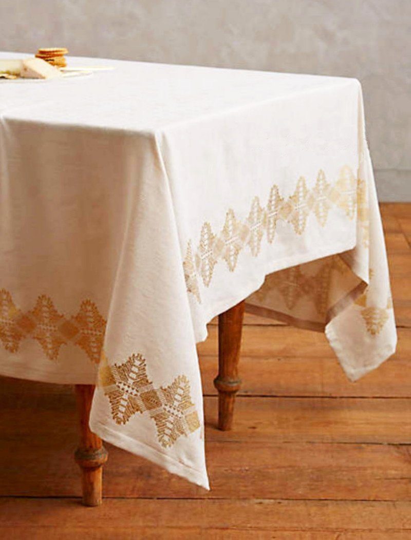 Anthropologie Golden Shimmer Tablecloth 72" x 90" Cream Gold Detailing