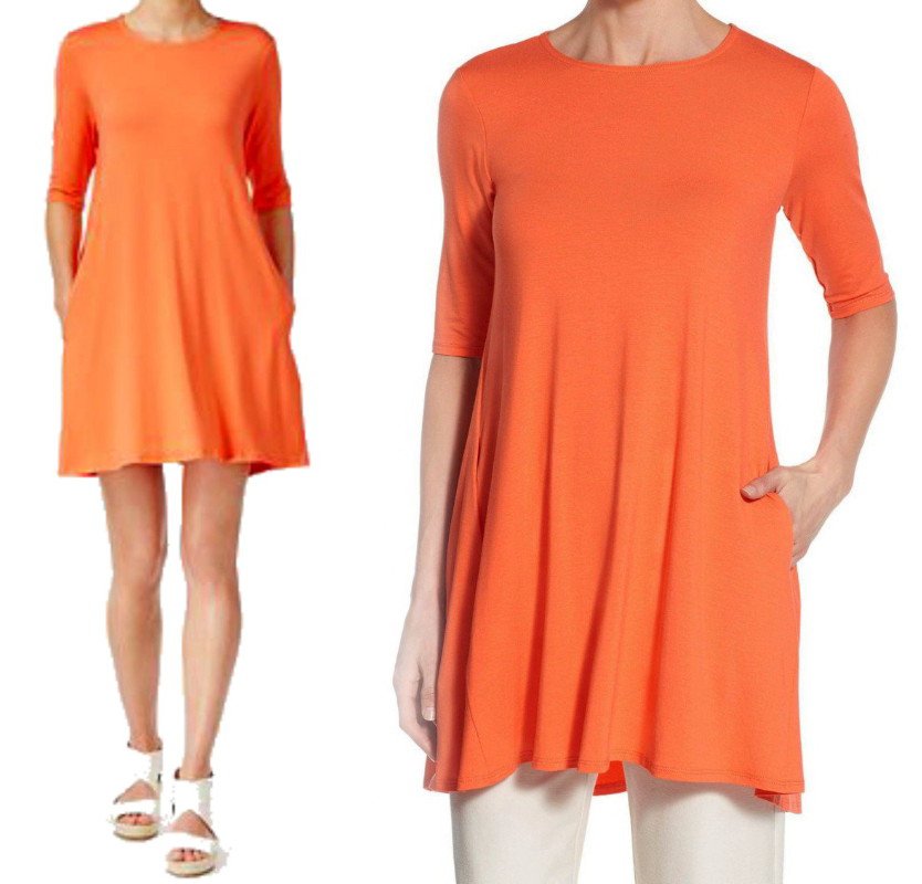 Eileen Fisher Elbow Sleeve A Line Tunic Dress XSmall 2 4 Guava Orange