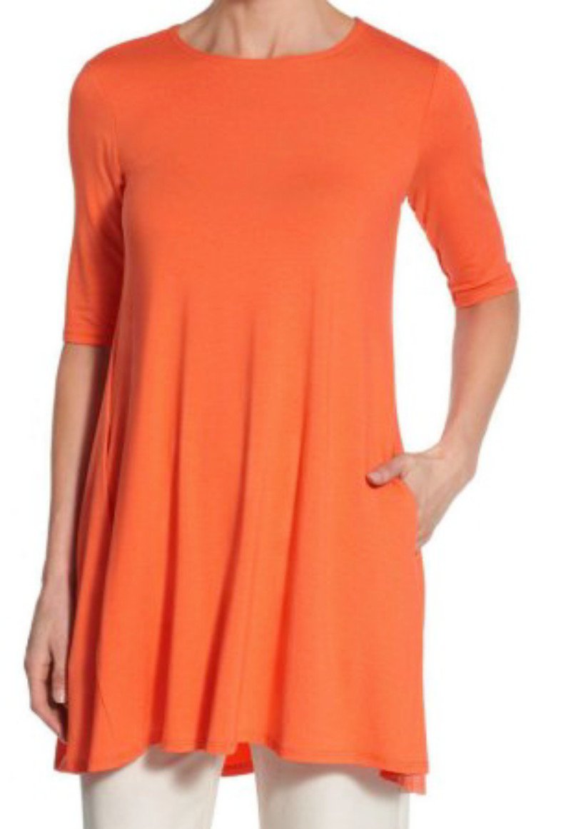 Eileen Fisher Elbow Sleeve A Line Tunic Dress XSmall 2 4 Guava Orange