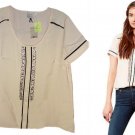 Anthropologie Rhinestone Blouse Petite Large P10 P12 Ivory Black Piping Top NWT