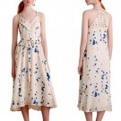 Anthropologie Paintball Party Maxi Dress Large 10 12 Ivory Blue Macrame Yokes NWT