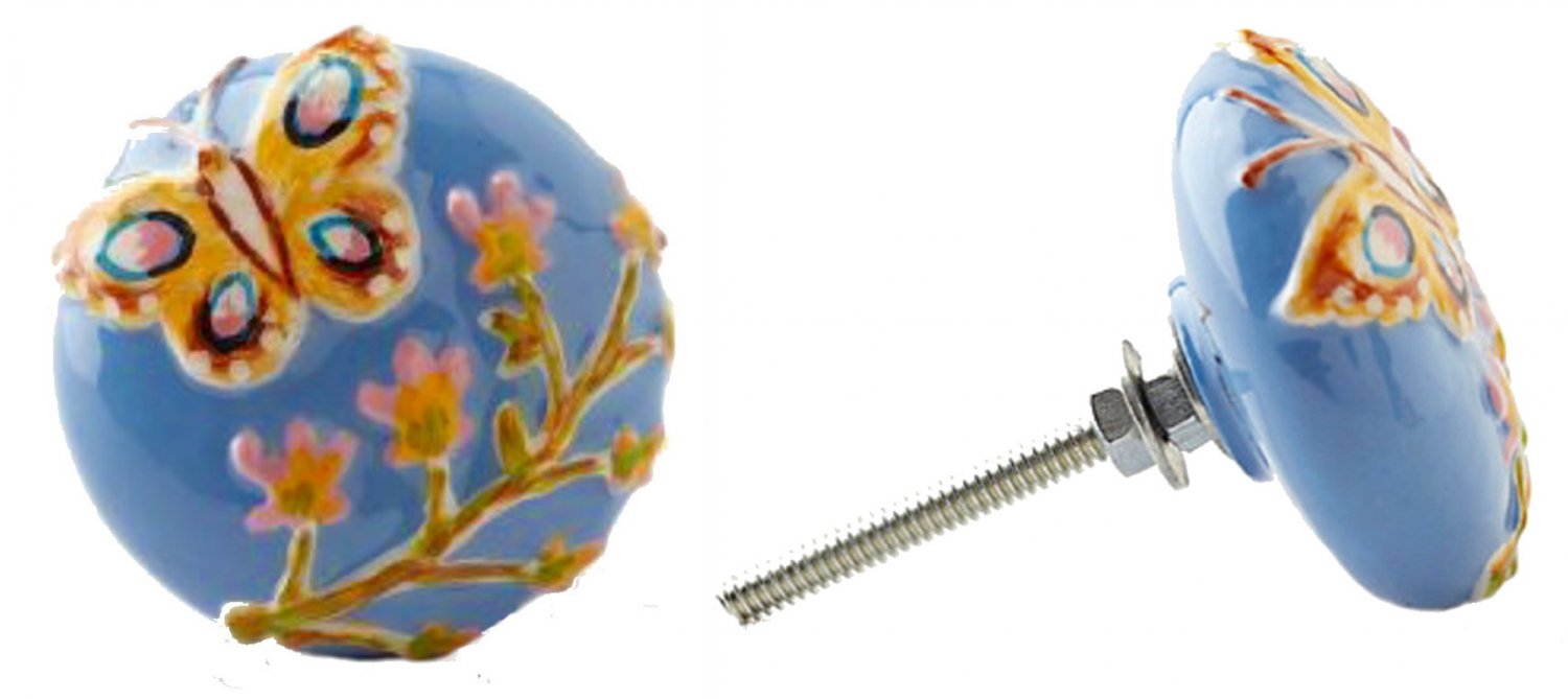 Anthropologie Butterfly Knob Pair Blue 2 Pcs Flowers Whimsical Ashley