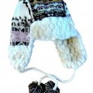 prAna Winter Nordic Knit Cap Hat Faux Fur Trim Ear Flaps PomPom Tie Quilted Int