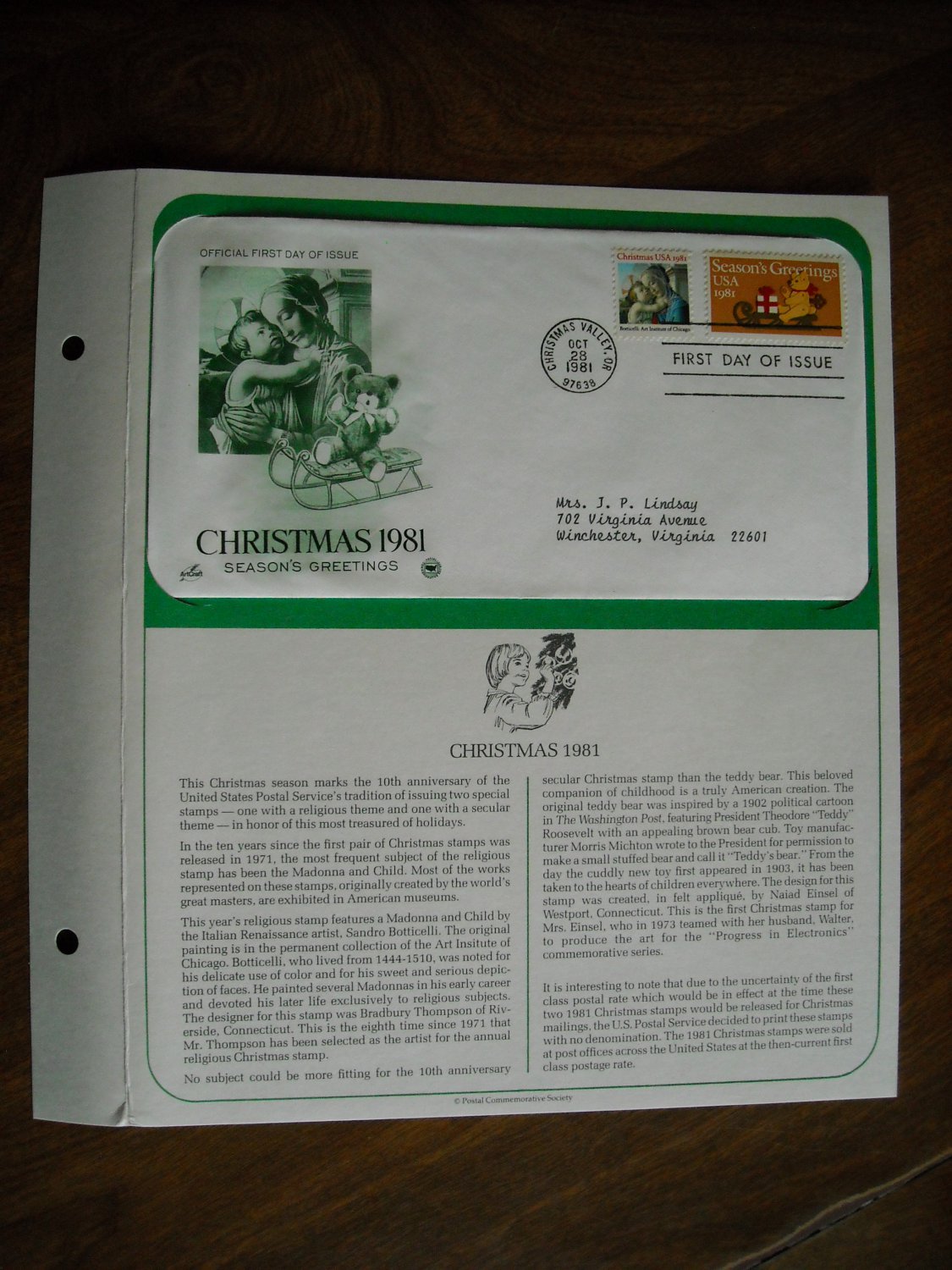 Christmas 1981 Season's Greetings 1981 Postal Commemorative Society