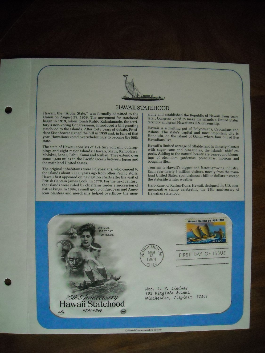 25th Anniversary Hawaii Statehood 1959 - 1984 Postal Commemorative Society First Day Cover Sheet