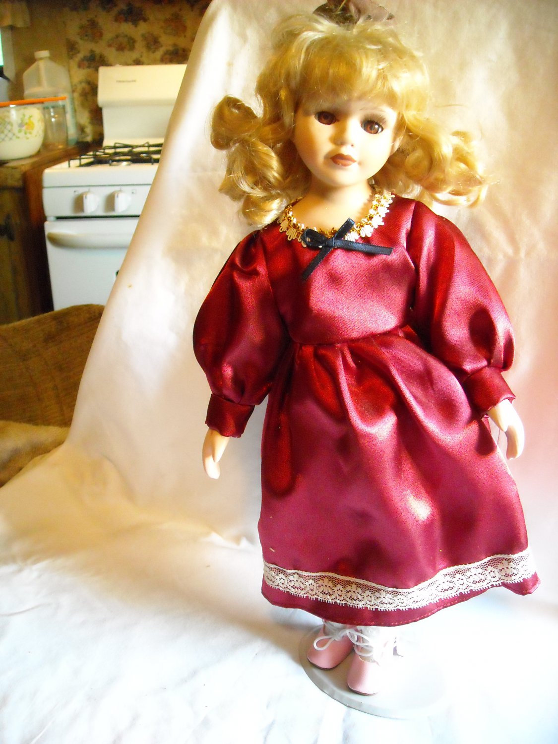 Porcelain Doll with Stand in Maroon Dress with White Lace 15