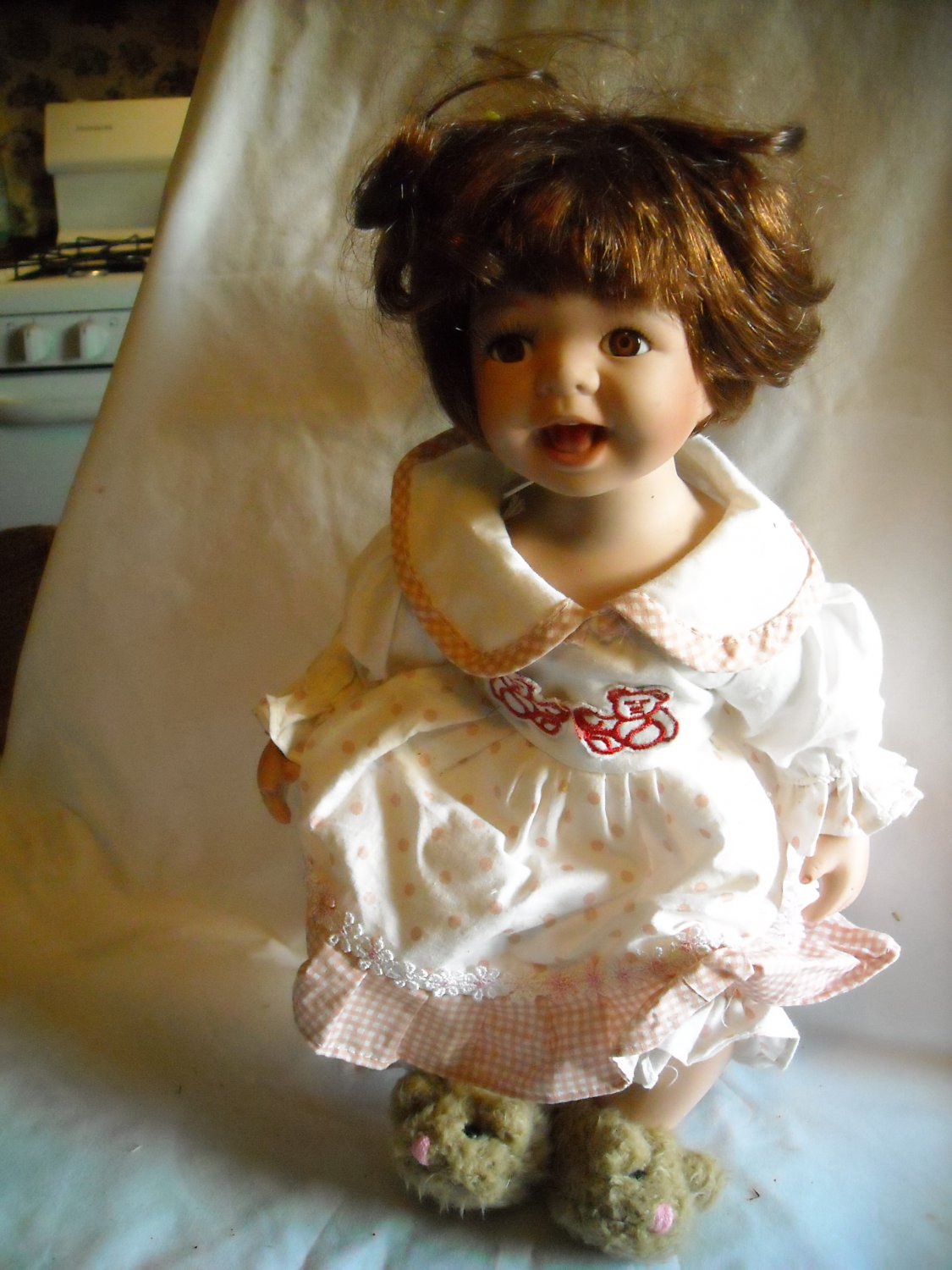 Duck House Heirloom Porcelain Doll White Dress with Pink Polka