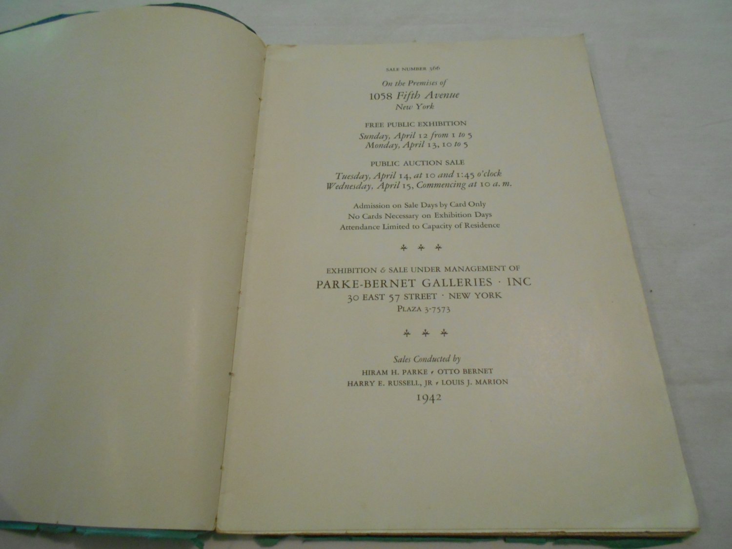 Parke Galleries Auction Catalog (1942) Sale number 366 (WC4)