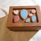 Wood Jewelry Box with Leaf, Heart and Circle Tiles on Top (167)