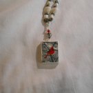 Cardinal on Square Tile with Lots of assorted Beads on Necklace White, Gray Red 30"
