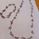 Silver Beaded Linked Lines with Red Beads Necklace and Bracelet Set Necklace 17" Bracelet 7"
