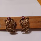 Gold Tone Leaves with Red Stone Flower and Clear Stone Center Clip On Earrings