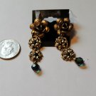 Bronze Color Flower With 2 Dangle Flower with Black Stone and a Bead Dangle Pierced Earrings (BD2)