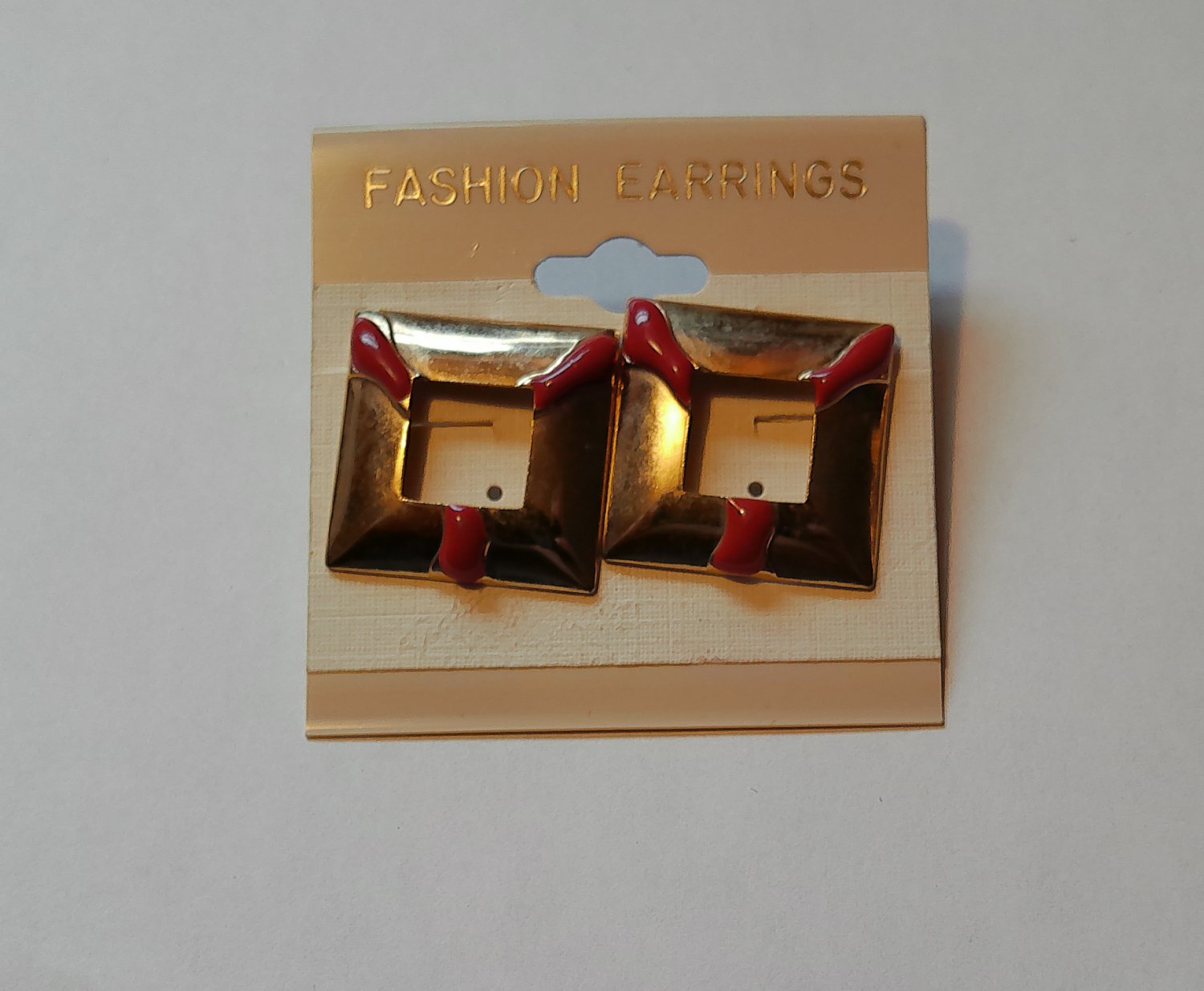 Square Gold Tone with Pink Lines Pierced Earrings