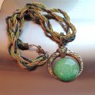 Green Porcelain Amulet with Green Stones with Blue, Green, Gold Twist Strand Necklace 18" (BD1)