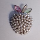 Vintage BSK Signed Apple Faux Pearl with Bezel Set Crystal Pink and Green Leaves Brooch Pin (J1)
