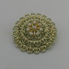 Round Gold Tone and Faux Pearl Pin Brooch 2" Diameter (BD3)