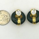 Round Black Enamel with Gold Trim and Clear Stone Clip On Earrings (CO2) Round Black Enamel with Gold Trim and Clear Stone Clip On Earrings (CO2)