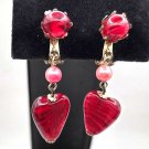 Glass Red Heart Dangle Clip On Earrings Made in Japan with Red Glass Bead and Pink Bead (CO1) Glass Red Heart Dangle Clip On Earrings Made in Japan with Red Glass Bead and Pink Bead (CO1)