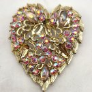 Gold Tone Heart with Shiny Pink Stones Brooch Pin (J1)