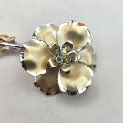 Large Gold and Silver Tone Metal Flower Carnation or Rose Brooch Pin With 3 Rhinestone Center (J1)