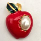 Red Apple with Faux Pearl Green Enamel Leaves Gold Stem Brooch Pin (J1) Red Apple with Faux Pearl Green Enamel Leaves Gold Stem Brooch Pin (J1)