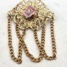 Gold Tone Deco Filigree with Pink Rose and Gold Chains Pin/Brooch (J1) Gold Tone Deco Filigree with Pink Rose and Gold Chains Pin/Brooch (J1)