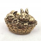 Gold Tone Two Bunnies in a Basked with Flowers Easter Pin/Brooch (J1)