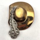 Brass Puss in Boots with Rhinestone Feather or Renaissance Cavalier Hat Brooch Pin (J1)