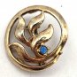 Gold Tone Almost Round with a Blue Stone and Leaf In Center Pin/Brooch (J1)