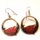 Gold, Blue and Red Enamel Fish Dangle Hoop Pierced Earrings (BD2) Gold, Blue and Red Enamel Fish Dangle Hoop Pierced Earrings (BD2)
