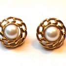 Gold Tone and Faux Pearl Color Stone Center Button Pierced Earrings (BD2) Gold Tone and Faux Pearl Color Stone Center Button Pierced Earrings (BD2)
