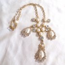 Teardrop Faux Pearl and Rhinestone Victorian Style Necklace Gold Tone Chain (BD2) Teardrop Faux Pearl and Rhinestone Victorian Style Necklace Gold Tone Chain (BD2)