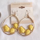 Gold Tone Oval Hoop with Yellow Stone Dangle Pierced Earrings (BD2)