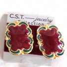 C.S.T. Collection Rectangle Cranberry Enamel with a Swirl Green and Gold Tone Pierced Earrings (BD2) C.S.T. Collection Rectangle Cranberry Enamel with a Swirl Green and Gold Tone Pierced Earrings (BD2)