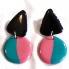 Black Triangle with Turquoise and Pink Colored Circle Dangle Pierced Earrings (BD2)