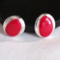 Silver Tone with Red Center Oval Pierced Earrings (BD2)