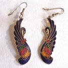 Blue Swan cloisonne with Red Bow and Red Flowers Dangle Pierced Earrings (BD2)