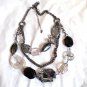 NY 3 Strand Large Black Bead, Clear Bead, Silver Flower With Clear Stone 24 1/4" (BD1)