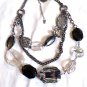 NY 3 Strand Large Black Bead, Clear Bead, Silver Flower With Clear Stone 24 1/4" (BD1)