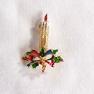 Vintage Christmas Candle Gold Tone with Green and Red Ribbon and Mistletoe Marked Dale Pin (J1)