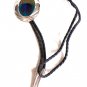 Western Silver Oval Peacock Feather Bolo Balck Rope with Silver Ends Necklace 18" (BD3)